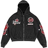 Verdusa Men's Washed Graphic Hoodies Grunge Vintage Lightweight Hip Hop Zip Up Sweatshirt