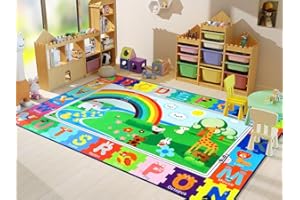 DETUM Kids Rug for Playroom 4x6 ABC Educational Rugs for Kids Learning,Numbers Colour and Alphabet Animal Classroom Rugs Elementary,Soft and Non-Slip Kids Bedroom Rug for Todder Children Nursery,Green