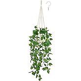 Mkono Fake Hanging Plant with Pot, Artificial Plants for Home Decor Indoor Macrame Plant Hanger with Fake Vines Greenery for Bedroom Bathroom Kitchen Office Decor, Ivory (Pothos)