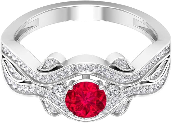 Amazon ソリティアルビー 0 65カラット 0 38カラット Hi Si ダイヤモンドアクセントリングゴールドヴィンテージ婚約指輪 5mm丸型 ルビー 14k ホワイトゴールド Size 26 リング 通販