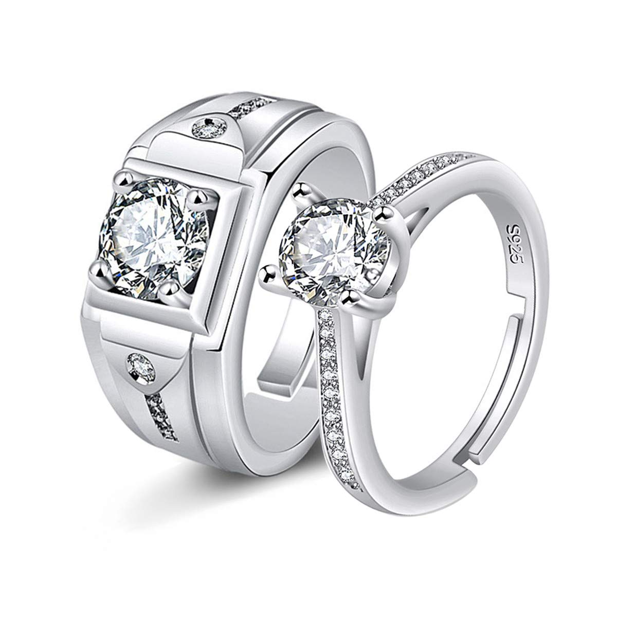 Uloveido Mens Square Wedding Bands and Women's Simulated Diamond Solitaire Engagement Rings His and Hers Promise Rings Set for Couples Y847-Silver