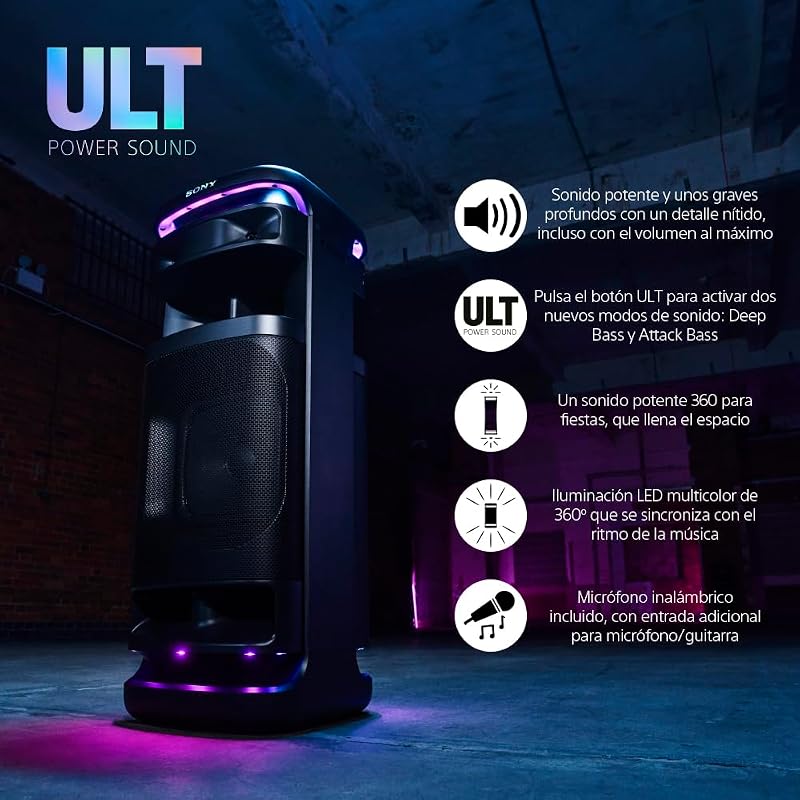 ULT TOWER 10, Altavoz bluetooth para fiestas con ULT POWER SOUND y Deep Bass, altavoces X-Balanced, iluminación LED 360, funciones para fiestas, micrófono inalámbrico, portátil, ruedas giratorias