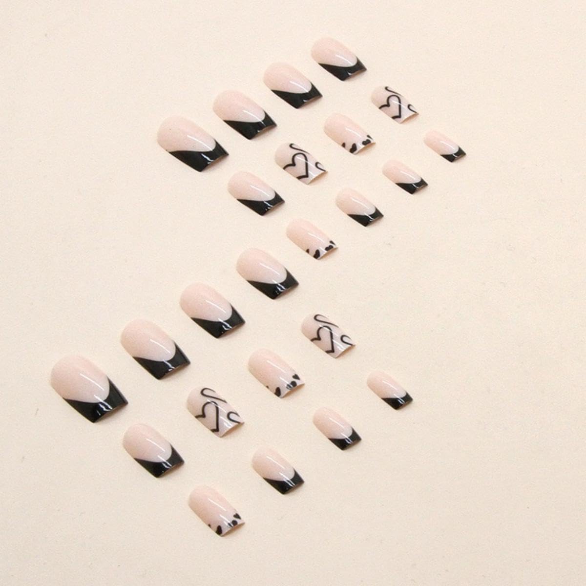 French Tip Press on Nails Short Square Fake Nails Black Acrylic Nails with White Heart Design Stick on Nails Artificial Full Cover Glossy Glue on Nails for Women Girls Valentine's Day Manicure 24pcs… - Image 3
