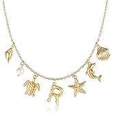 NEKOL Initial R Charm Necklace For Women, Boho Gold Summer Beach Surfer Letter Necklace Starfish Seashell Pearl Turtles Dolphin Charms Pendant, Trendy Pendant Alphabet Choker Necklace Jewelry Gifts