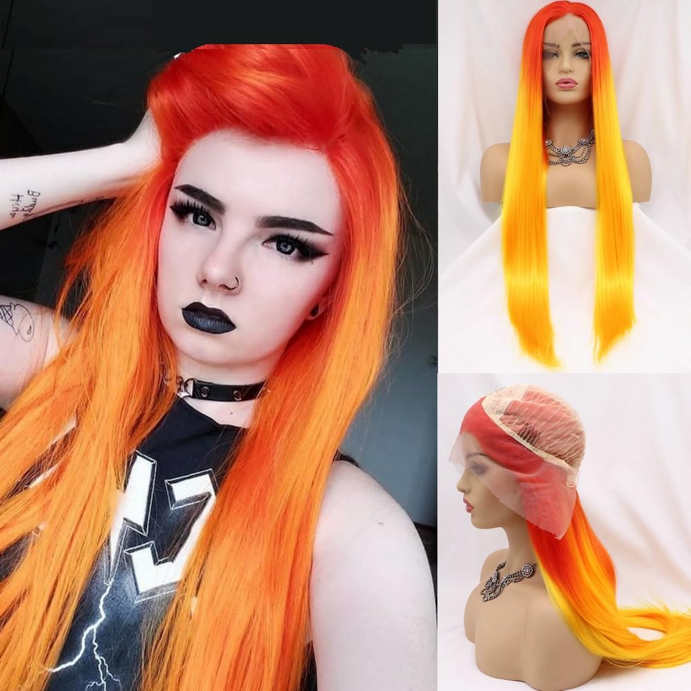 13x3" Pre Plucked Long Straight Colorful Wigs for Women Natural Looking Heat Resistant Fiber Synthetic Lace Front Wigs for Replacement/Party/Cosplay/Costume/Daily Use (Orange Red Ombre) — image 1