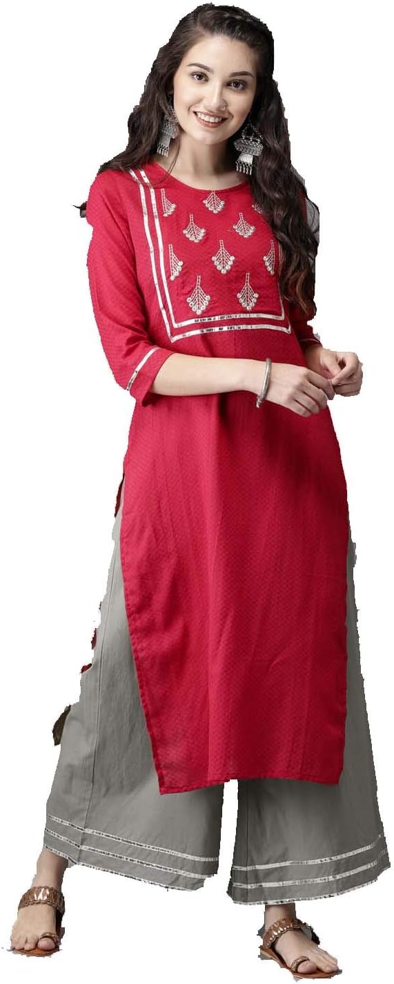Dream Angel Fashion Women Red & Grey Self Design Mirror Work Kurta with Palazzos