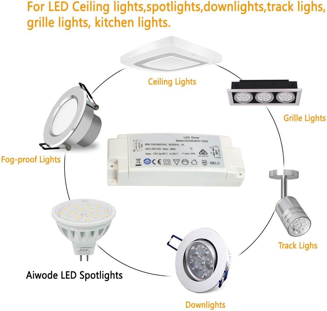 Aiwode LED Driver Transformer 36W for MR16 GU5.3 MR11 LED Light Bulbs ...