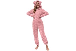 Women Zip Hoodie with Ears Fleece Plush Onesie Jumpsuit Heart Print Fashion Fluffy Warm Sleepwear One Piece Pajamas