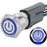 UL Listed 15Amp 16mm Latching Push Button Switch 12V-24VDC IP67 Waterproof; SPST 1NO, with LED Angel Eye Light; Stainless Steel 304 with Wire Socket Power Button