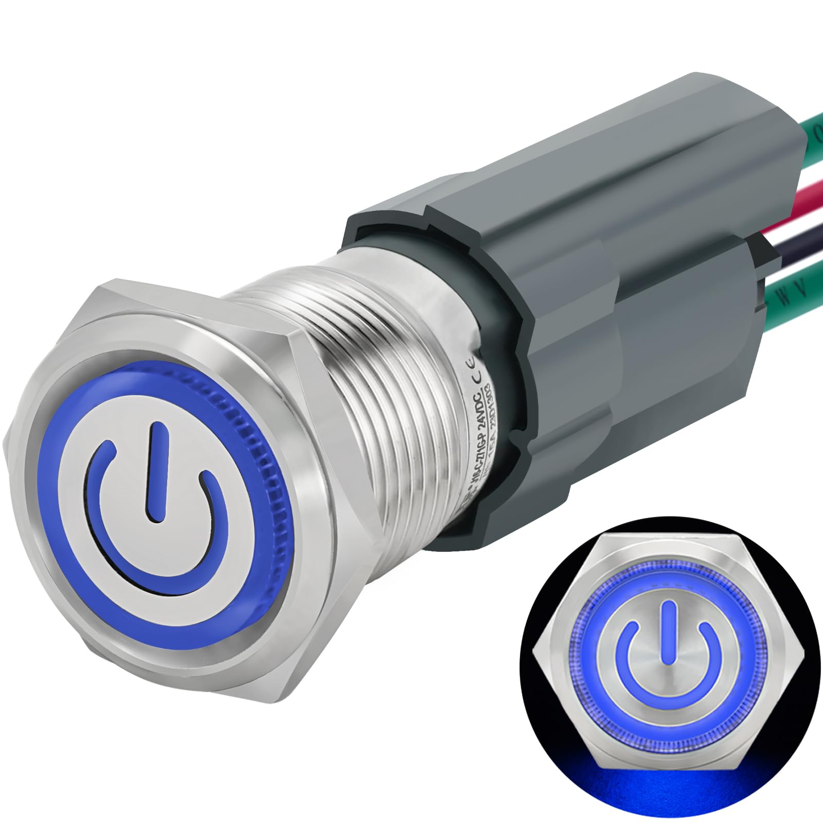 Photo 1 of 15Amp 12V-24V DC 16mm Latching Push Button Switch IP67 Waterproof SPST with LED Angel Eye Light Stainless Steel 304 On and Off with Wire Socket Pc Power Button Self-Locking 5/8"