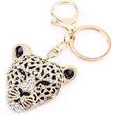 Haosie Leopard Bag Pendant, 2×1.97 in Leopard Charm, Gold Rhinestone Keychain Cute Cheetah Head Purse Key Ring Chain Sparkling Crystal Charming Decoration Adornment for Wallet Handbags Lady Girlfriend