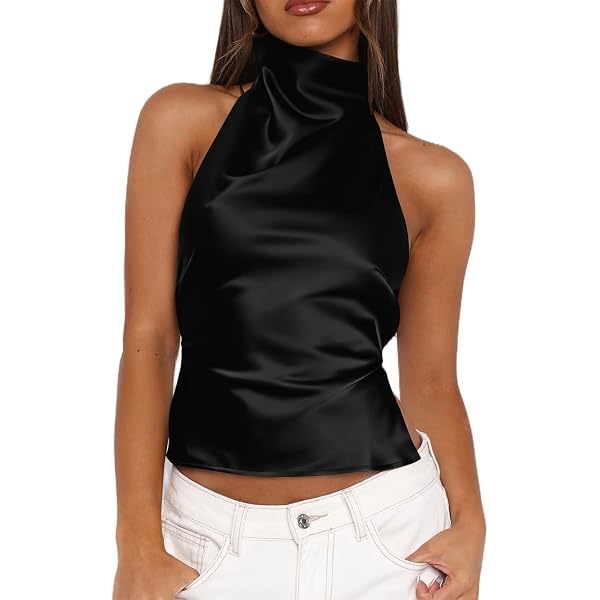 MakeMeChic Women's Summer Satin Silk Backless Halter Tank Tops