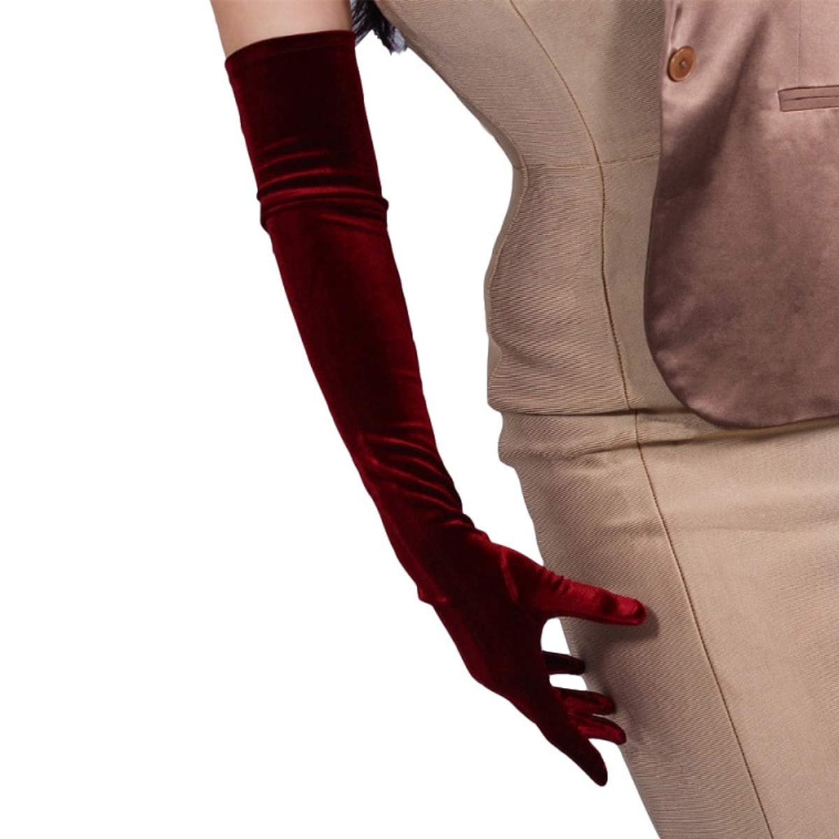 DooWay Touchscreen Dark Red Burgundy Velvet Gloves Opera Evening Short Stretchy Velours Flann