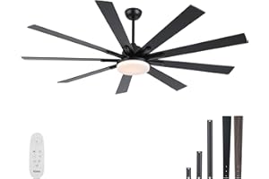 POCHFAN 72 inch Ceiling Fans with Lights and Remote Control, Large Modern Black Ceiling fan with 9 Wooden Blades for Indoor or Outdoor Patio, Quiet DC Motor, 3 CCT Dimmable,6 Speed