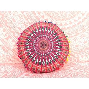 QCWN Mandala Pillow Cover- Hippie Mandala Floor Pillow Cover, Cushion Cover, Pouf Cover Round Bohemian Yoga Decor Floor Cushion Case.Red 15″