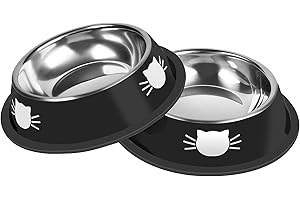 Serentive 2Pcs Cat Bowls Non-Slip Stainless Steel Small Cat Food Bowls Unbreakable Thicken Cat Feeder 7 Oz Cat Dishes Suitable for Indoor Small Pets Removable Rubber Base Easily Clean Lovely Color