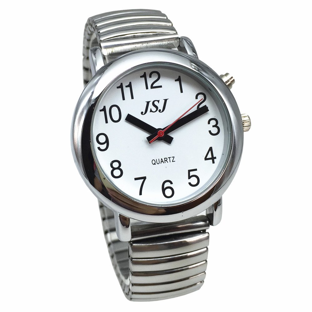 VISIONU English Talking Watch with Alarm Expanding Bracelet，Talking Date and Time, Silver Color, White Face TE