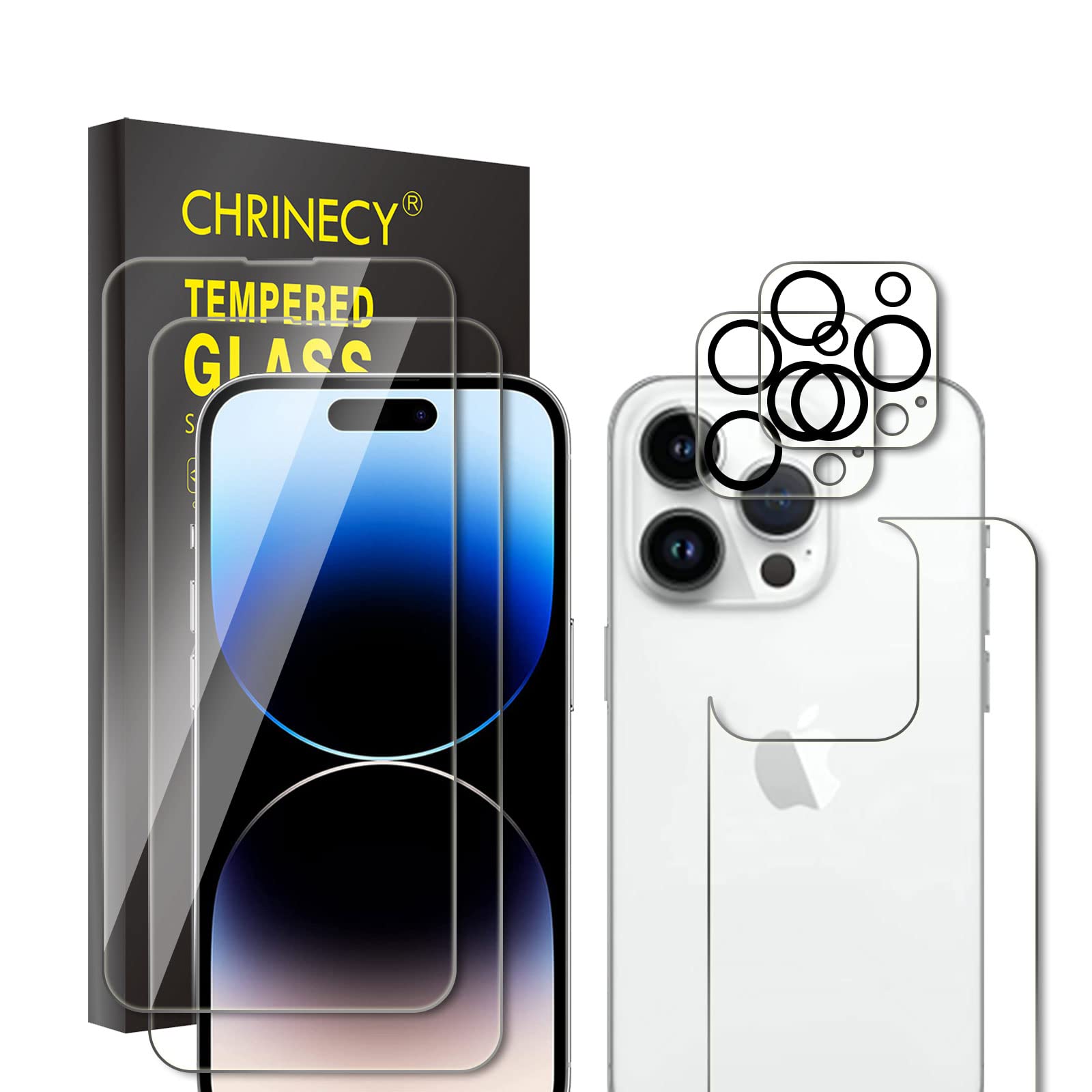 CHRINECY Tempered Glass Screen Protector for iPhone 14 Pro (2 Pack)+Back Screen Protector+Camera Lens Protector (2 Pack), 9H Hardness, Anti-Scratch, No Bubbles