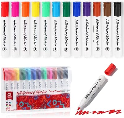Vinabo 12 Pcs Whiteboard Markers Set Erasable Conical Tip Colourful Pens