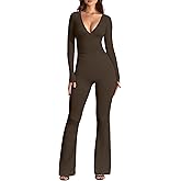 OQQ Women Jumpsuits Long Sleeve Deep V Neck Ruched Flared Jumpsuit