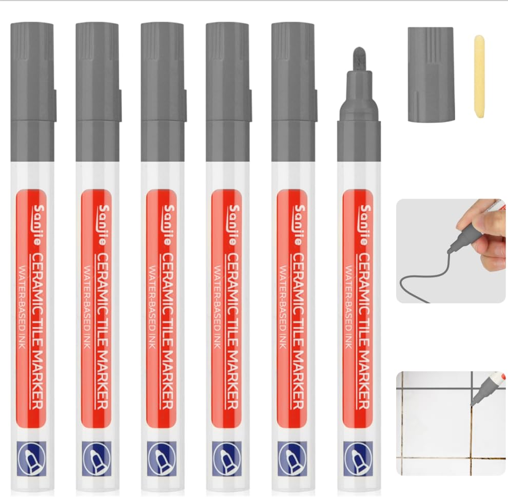 DONQL 6Pcs Tile Pen Grey Grout Pen for Tiles Bathroom with Replacement Nib Tips Anti-Grout White Tile Pen Marker for Restoring Tile Grout Wall Floor Bathroom Kitchen and Floor Tiles (Grey)