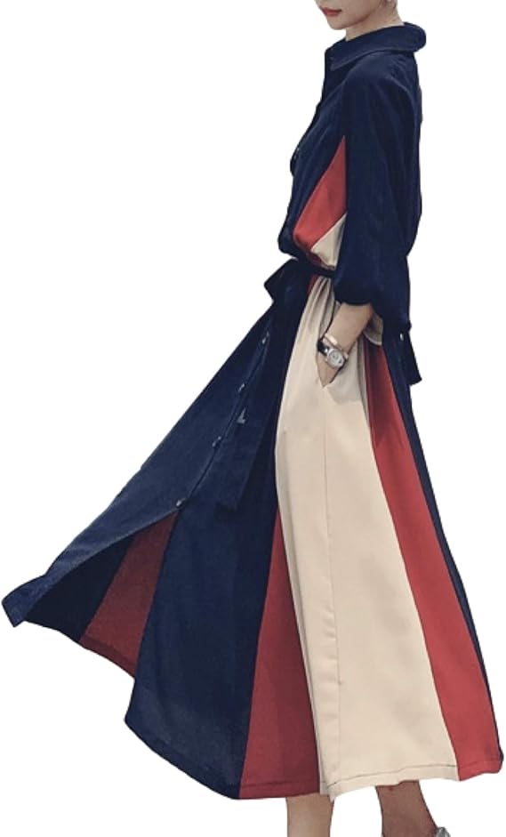 Amazon Co Jp ビーエヌワン セレクト トリコロール 風 ワンピース Aライン ウエストリボン 膝下 長袖 レディース 服 ファッション小物