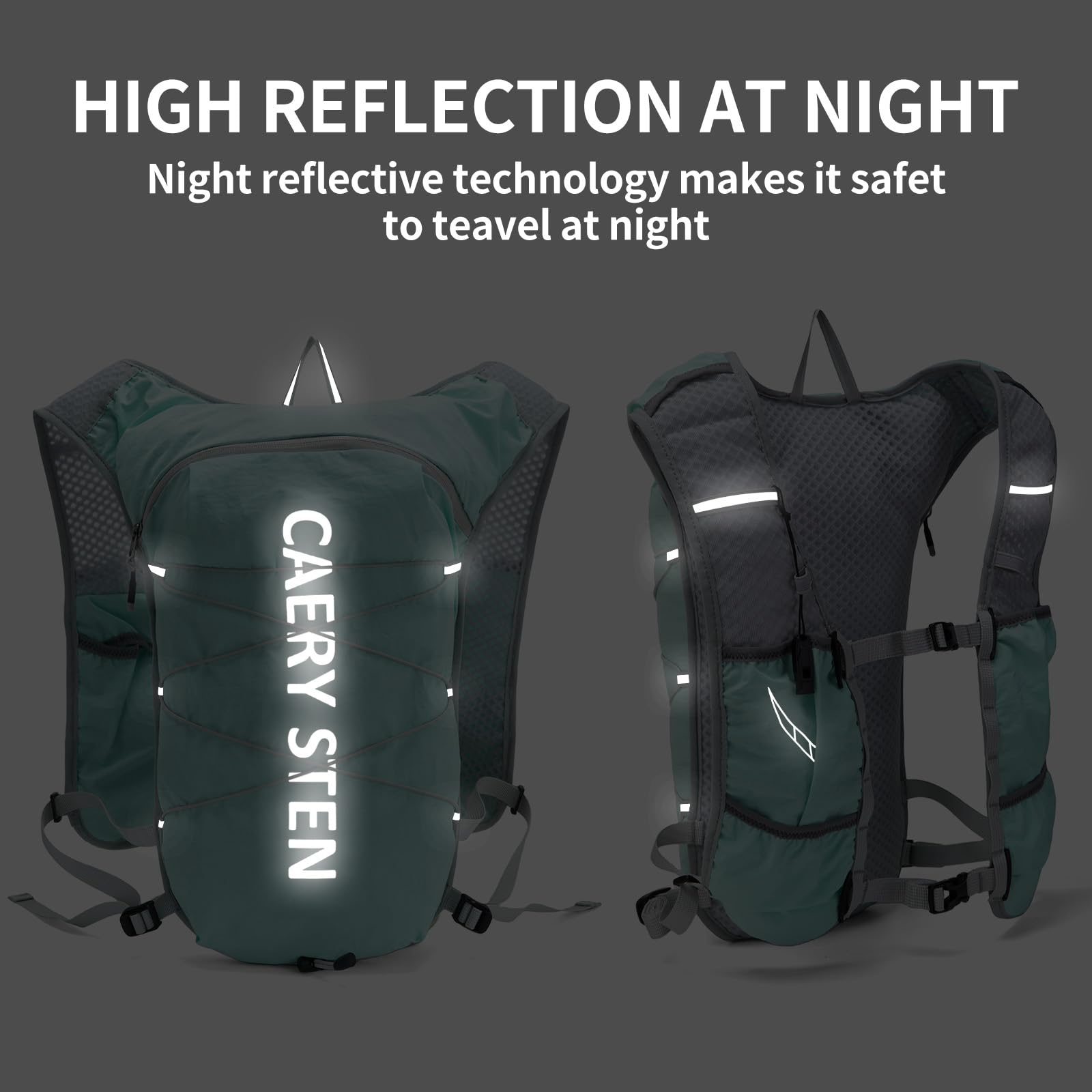 Condition photo showing As Is for carey sten hydrated backpack, running vest, paired with a 1.5l water bag hiking backpack, suitable f