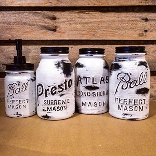 Vintage Mason Jar Canister and Soap Dispenser Set in distressed White and Black: 1920s Atlas Strong Shoulder Mason Jar, Ball Perfect Mason Jars, Presto Supreme Mason Jar