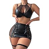 THSCWY Women’s See Through Mesh Teddy Leather Lingerie Splicing Sexy Strappy Black Split Bodysuit