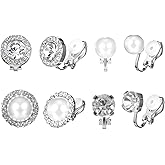 4 Pairs Cubic Zirconia Clip on Earrings Silver Rhinestone Fake Earrings Round Pearl Clip Earrings for Women Non Pierced Stud for Dance Stage Opera Performance Wedding Party Jewelry