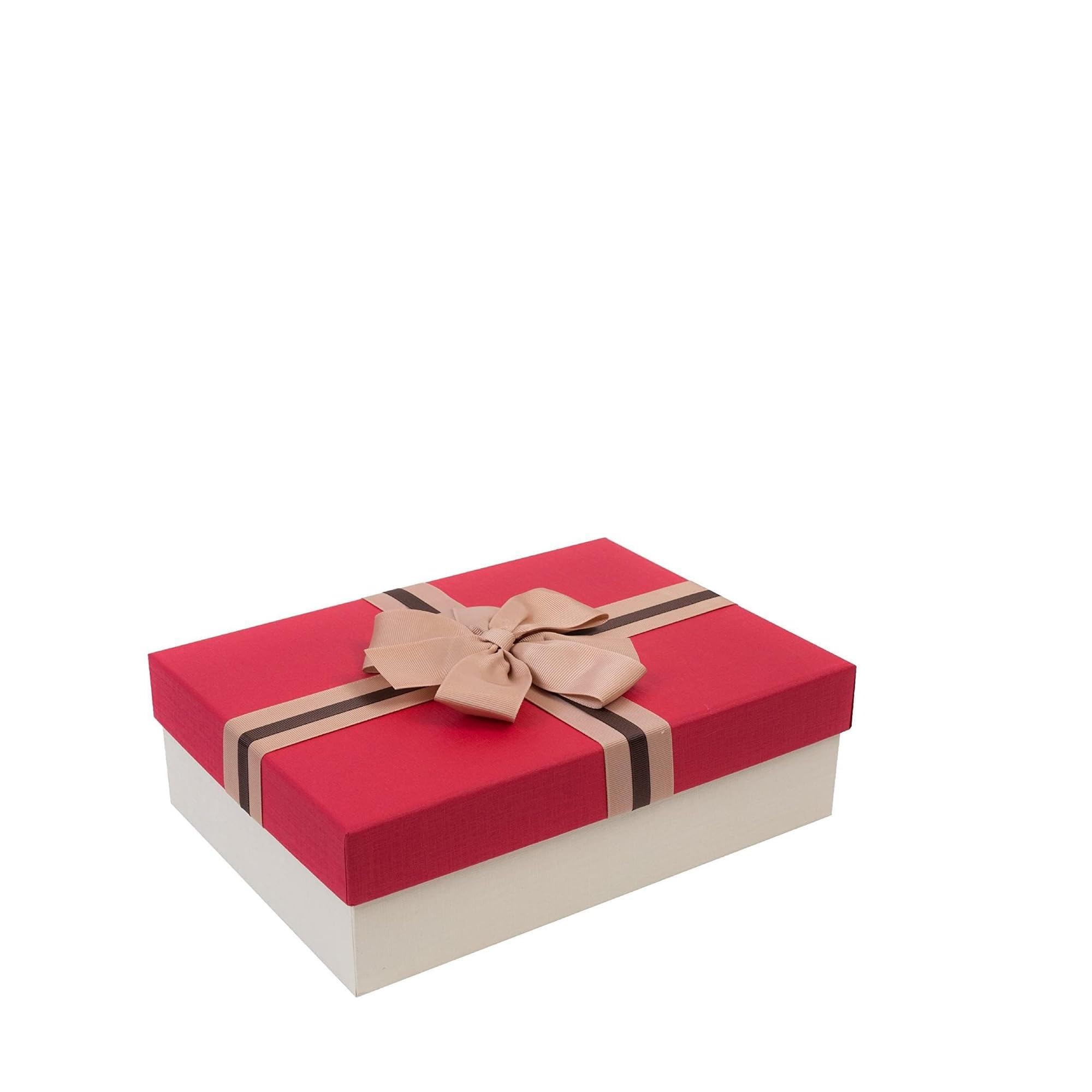 Emartbuy Rigid Gift Box, 24.5 x 17 x 6.5 cm, Cream Box with Red Lid, Striped Decorative Ribbon and 50g Shredded Paper in Black