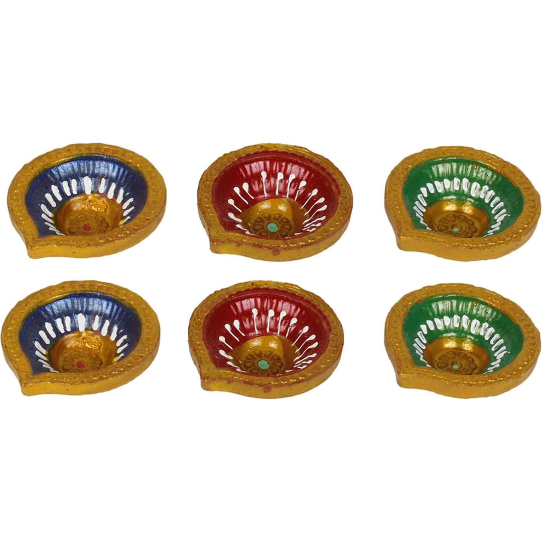 Pound Veg Set of 6 Handmade terractor Diwali Diya Multicolour Oil Lamps for Pooja Deepak Decoration Rangoli Diva Deepam Decorative Lighting Accessories Traditional Indian Festival Decor