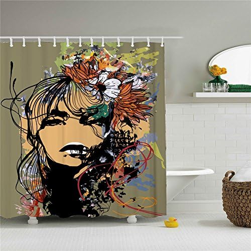Flower Abstract Girl Face Shower Curtain Polyester Fabric Mildew Proof 69x 84 Shower Room Decor