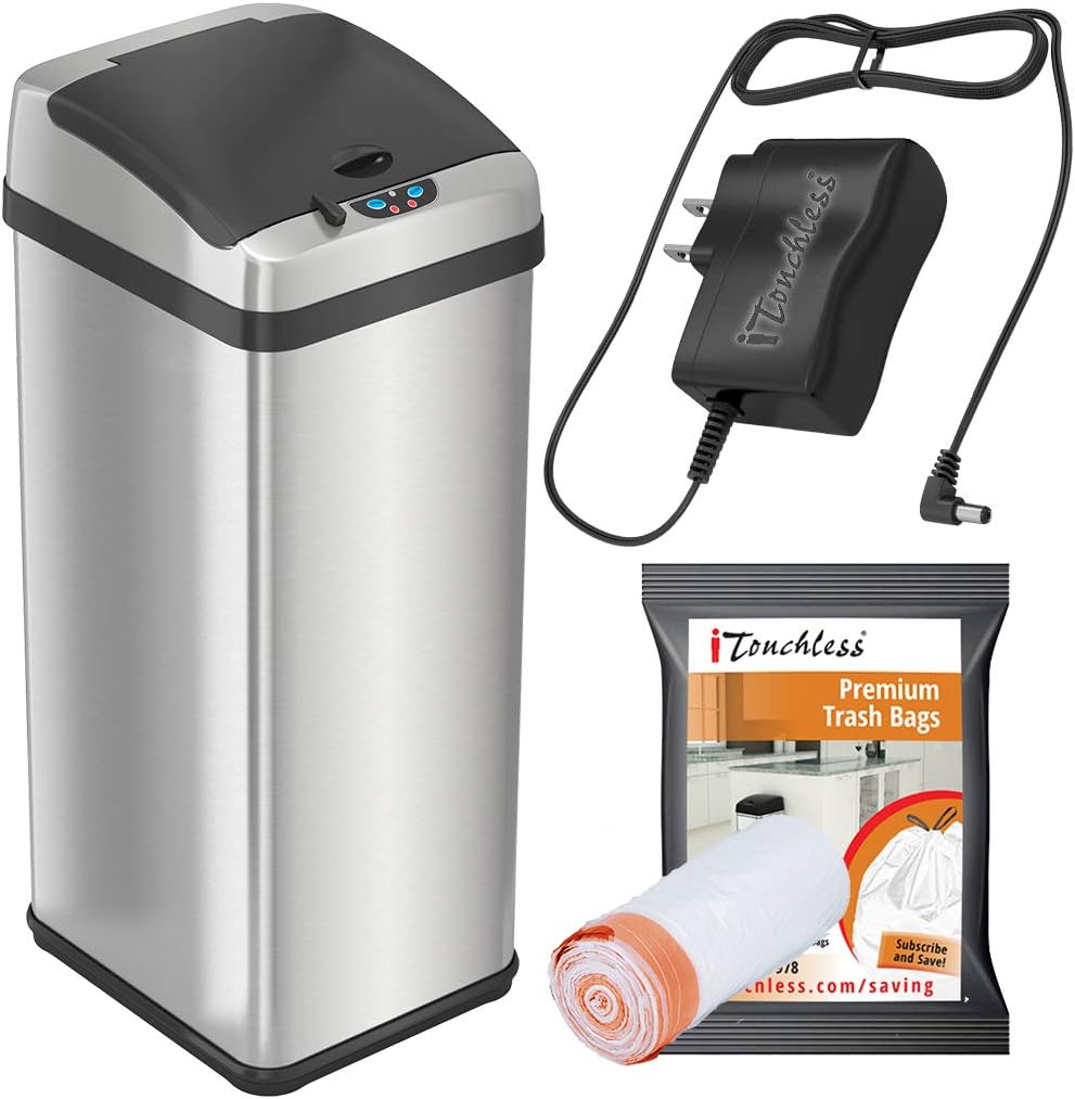 iTouchless Touchless Trash Can with AC Adapter and 10 Premium Bags, Odor Control System, Big Lid Opening Sensor Kitchen Garbage Bin, 13 Gallon, Stainless Steel, Platinum