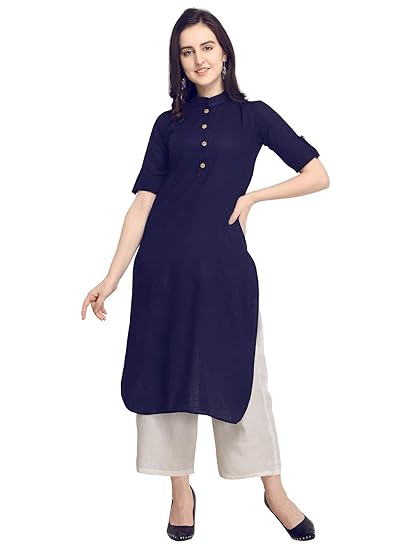KANCHNAR Womens Cotton Kurti Fold Sleeve Collared Neck