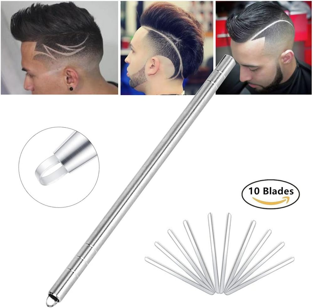Hair Tattoo Trim Razor Pen, for Hair Design Face Shaping, Engraved Pen/ 10 Blades/Tweezer, Eyebrows Beards Razor Styling Tool
