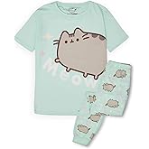 Pusheen Girls Pajama Set | Young Ladies Green Loungewear Short Sleeve T-Shirt & All Over Print Long Leg Pants Complete PJs