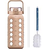 MUKOKO Half Gallon/64 oz Glass Water Bottles with Straw and Lid,Motivational Water Jug with Time Marker Reminder and Silicone Sleeve,100% Leakproof BPA Free Fitness Sports Large Bottle-Amber