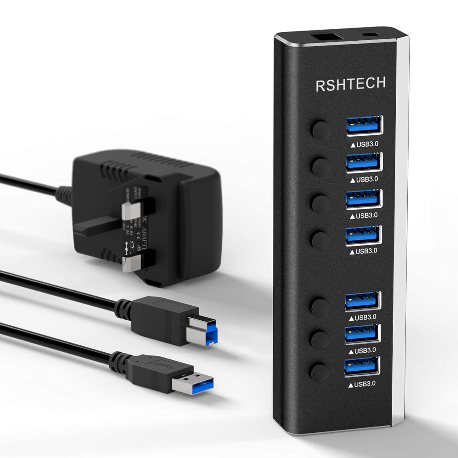 RSHTECH Powered USB Hub, 7 Port USB 3.0 Data Hub Aluminum USB 3.0 Splitter with Individual On/Off Switches and 12V/2A (24W) Power Adapter (RSH-A37S)