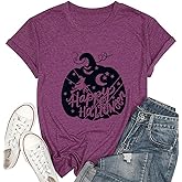 Women's Pumpkin Graphic Shirt Cute Happy Halloween Letter Print Tee Novelty Athletic Short Sleeve Tops