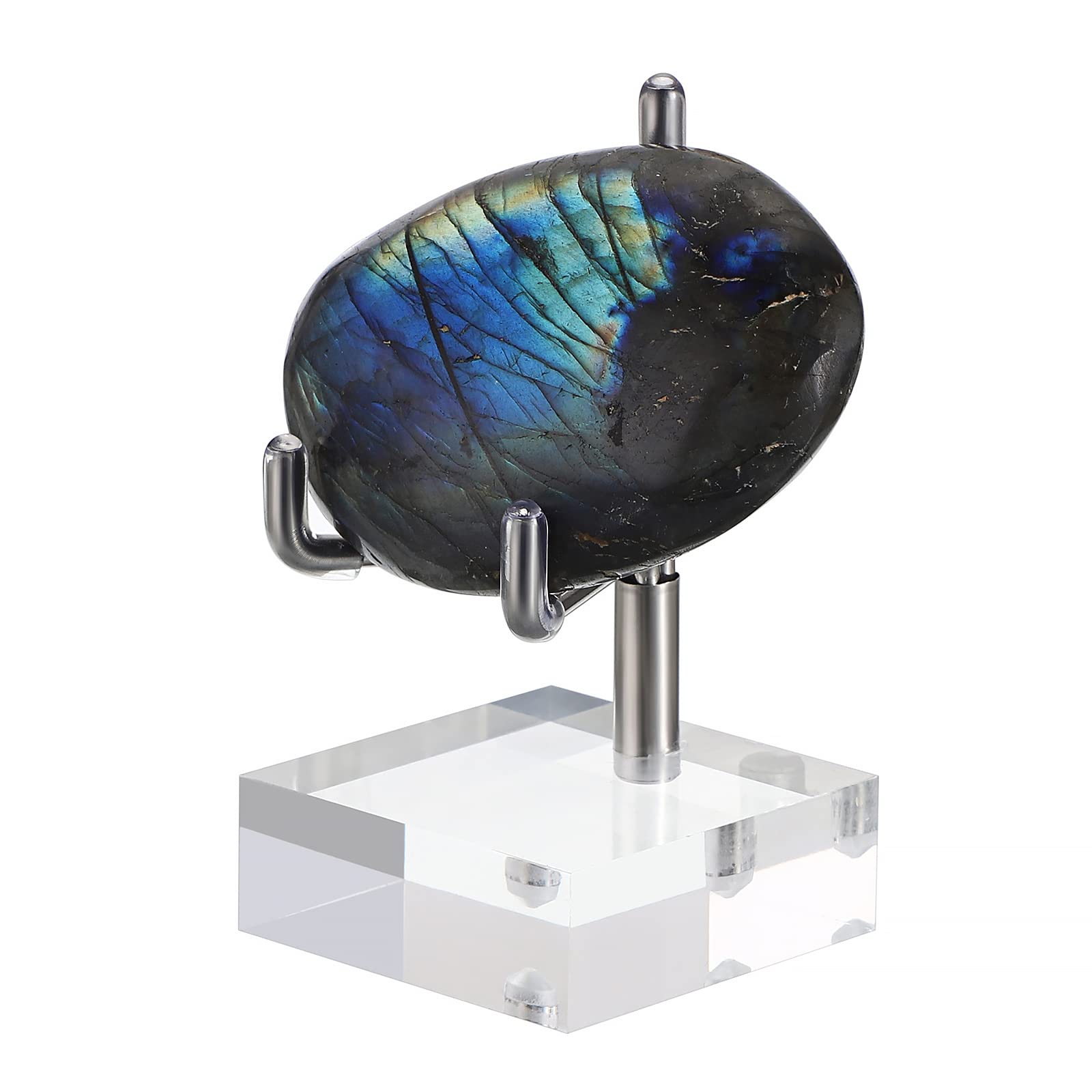 BTSKY Mini Size Adjustable Silver Metal Arm Display Stand Easel with Square Acrylic Base, Display Holder for Geodes Rock Mineral Agate Fossil Coral Coin
