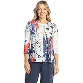Jess & Jane Abstract Print Crew Neck Side Slit Burnout Top - 44