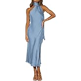 Sexyshine Women's Elegant Halter Tie Neck Sleeveless Satin Long Dress Backless Split Cocktail Party Formal Wedding Maxi Dress