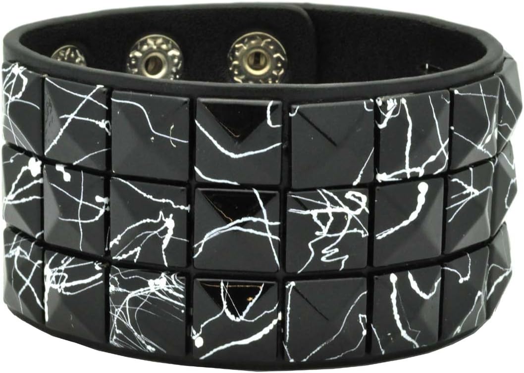 Black Line Checkered Studded Black Leather Bracelet
