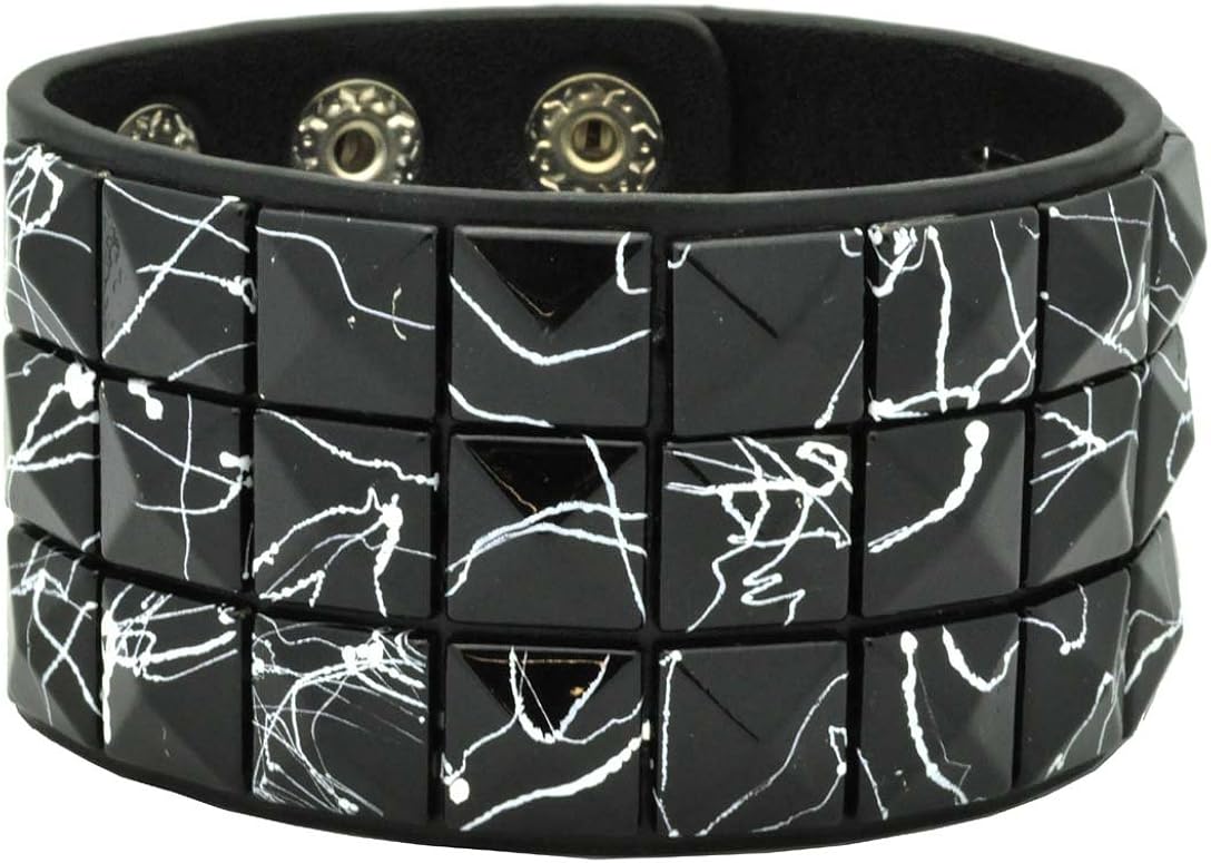 Black Line Checkered Studded Black Leather Bracelet Home