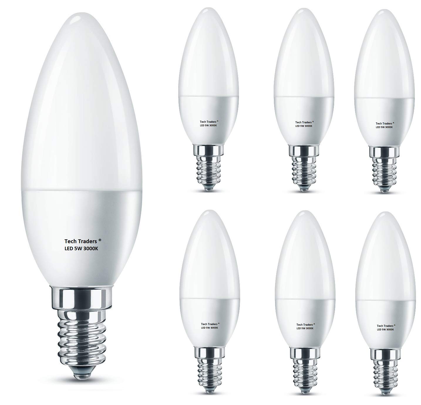 Tech Traders LED E14 Small Edison Screw Candle Light Bulb, C37 E14 Warm White LED Bulbs,3000K 5W Candle Bulb, Equivalent to 50W Incandescent Bulb, 400 Lumen, Non-Dimmable, 160°Beam Angle, 6-Pack