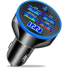 Moioee 5 Port USB Car Charger, 250W Super Fast Charging Cigarette Lighter Adapter with LED Voltage Monitor, 4USB+Type C Multi