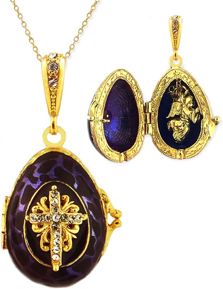 Alex-Intl Gold Plated Sterling Silver Enameled Egg Locket Pendant with Angel, 1 1/4 Inch