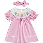 Doqcey Toddler Baby Girl Birthday Outfit Cake Embroidery Smocked Dress Short Sleeve Princess Party Dresses Summer Clothes