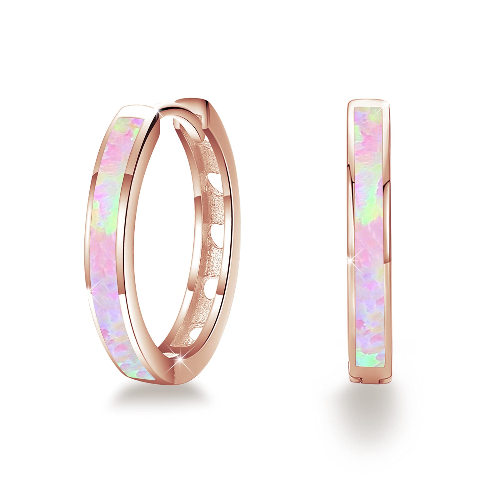 CUOKA MIRACLE Hoop Earrings Diameter 14mm/20mm 925 Sterling Silver Huggie Earrings Circle Hinged Hoop for Women Cute Synthetic Opal for Mother's Day Gifts